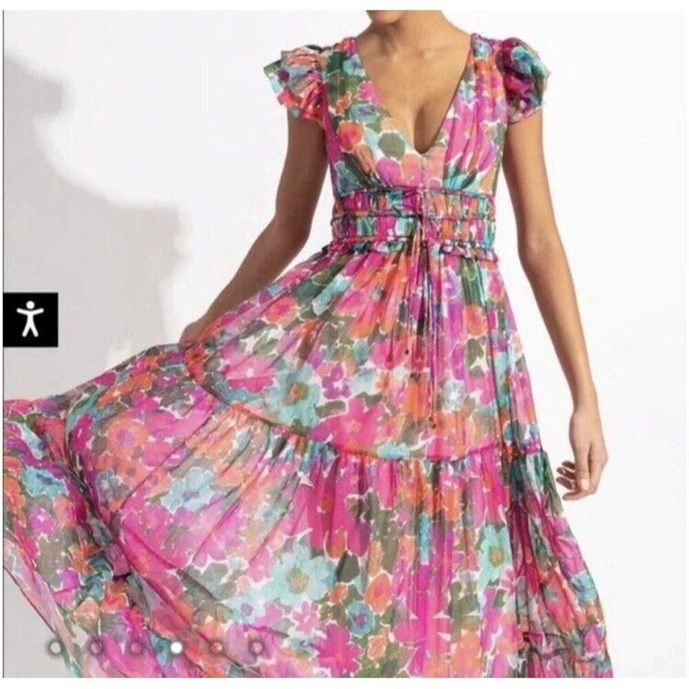 PatBo Pink Floral Gabi V-Neck Maxi Flowy Ruffle Tiered Dress Size 10 NWT